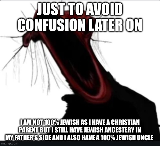 Not a meme, just want to avoid confusion | JUST TO AVOID CONFUSION LATER ON; I AM NOT 100% JEWISH AS I HAVE A CHRISTIAN PARENT BUT I STILL HAVE JEWISH ANCESTERY IN MY FATHER’S SIDE AND I ALSO HAVE A 100% JEWISH UNCLE | image tagged in when i m talking but i get testicular torsion | made w/ Imgflip meme maker