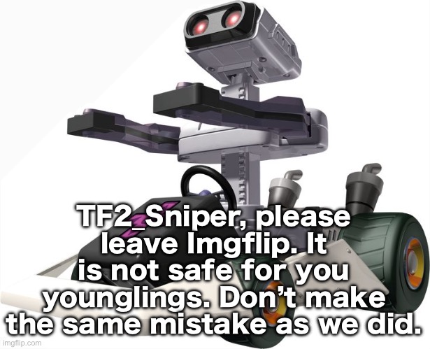 I’m begging you, leave this prison while you can | TF2_Sniper, please leave Imgflip. It is not safe for you younglings. Don’t make the same mistake as we did. | image tagged in r o b mario kart ds | made w/ Imgflip meme maker