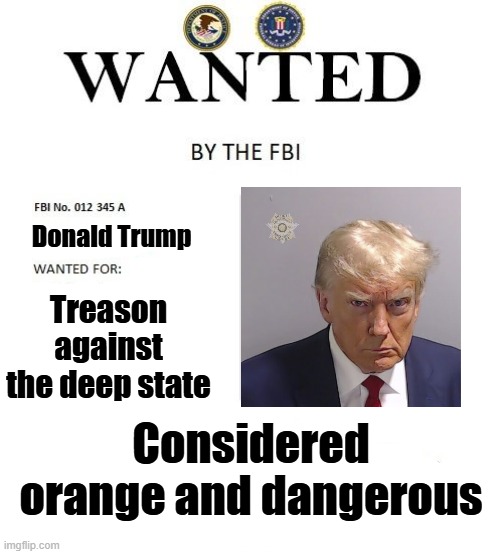 Prepare for Russia Gate II: American Boogaloo | Donald Trump; Treason against the deep state; Considered orange and dangerous | image tagged in fbi wanted poster,trump,deep state,russiagate | made w/ Imgflip meme maker