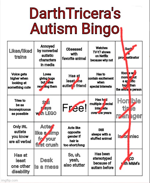 DarthTricera's Autism Bingo | image tagged in darthtricera's autism bingo | made w/ Imgflip meme maker