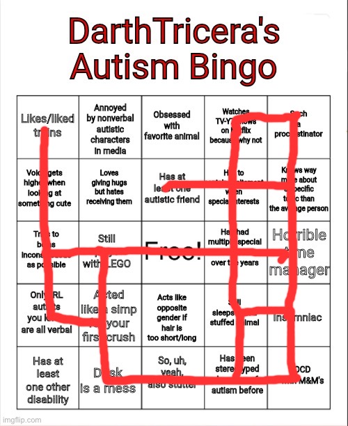 DarthTricera's Autism Bingo | image tagged in darthtricera's autism bingo | made w/ Imgflip meme maker