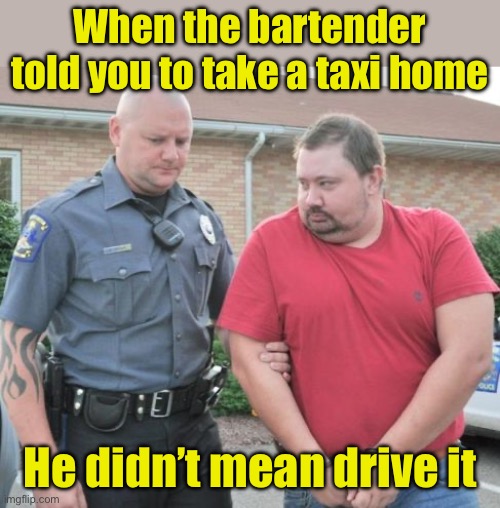 Taking a taxi | When the bartender told you to take a taxi home; He didn’t mean drive it | image tagged in man get arrested | made w/ Imgflip meme maker