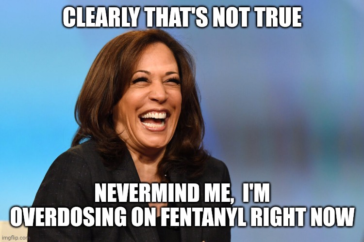 Kamala Harris laughing | CLEARLY THAT'S NOT TRUE NEVERMIND ME,  I'M OVERDOSING ON FENTANYL RIGHT NOW | image tagged in kamala harris laughing | made w/ Imgflip meme maker