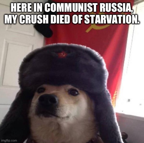 Russian Doge | HERE IN COMMUNIST RUSSIA, MY CRUSH DIED OF STARVATION. | image tagged in russian doge | made w/ Imgflip meme maker