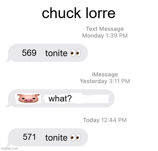 chuck lorre | chuck lorre; 569; what? 571 | image tagged in borat 2 tonight queen | made w/ Imgflip meme maker