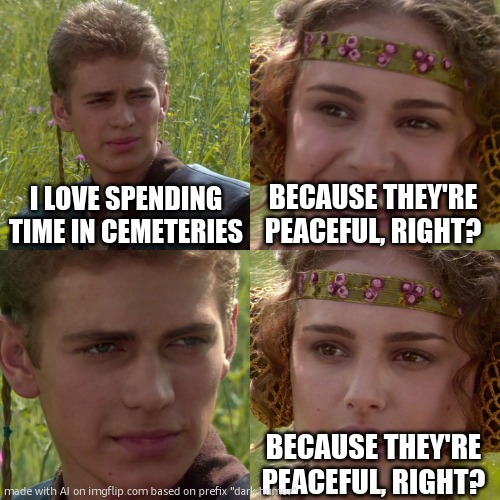 Anakin Padme 4 Panel | I LOVE SPENDING TIME IN CEMETERIES; BECAUSE THEY'RE PEACEFUL, RIGHT? BECAUSE THEY'RE PEACEFUL, RIGHT? | image tagged in anakin padme 4 panel | made w/ Imgflip meme maker