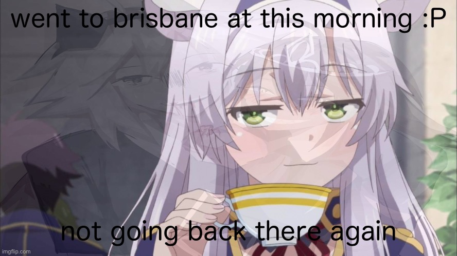 went to brisbane at this morning :P; not going back there again | image tagged in anime girl sipping tea,anime,anime girl | made w/ Imgflip meme maker