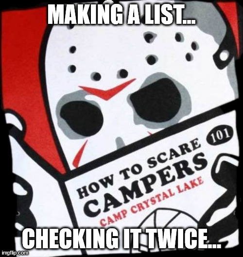 Making a list... on Friday the 13th | MAKING A LIST... CHECKING IT TWICE... | image tagged in friday the 13th | made w/ Imgflip meme maker