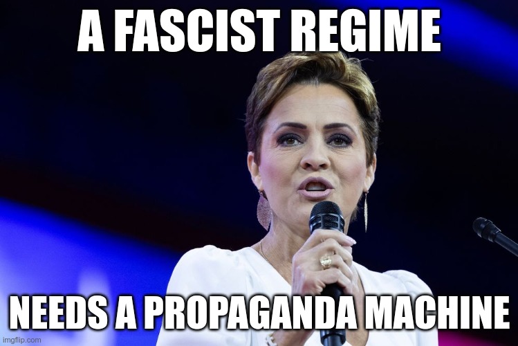 Voice of MAGA America | A FASCIST REGIME; NEEDS A PROPAGANDA MACHINE | image tagged in trump,lake,gop,fascist,maga,propaganda | made w/ Imgflip meme maker