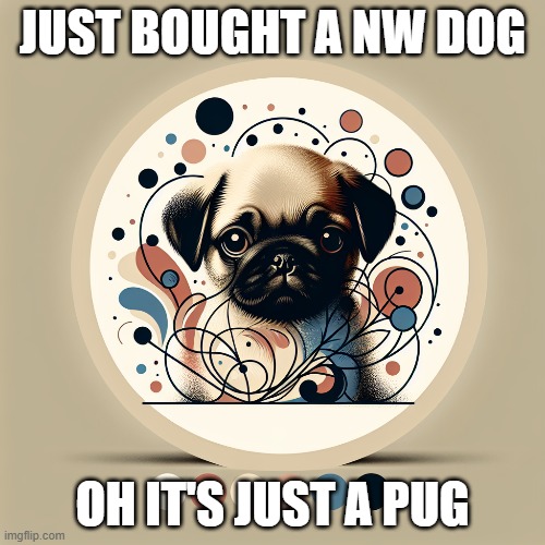 PUGS Token | JUST BOUGHT A NW DOG; OH IT'S JUST A PUG | image tagged in meme coin,pugs | made w/ Imgflip meme maker