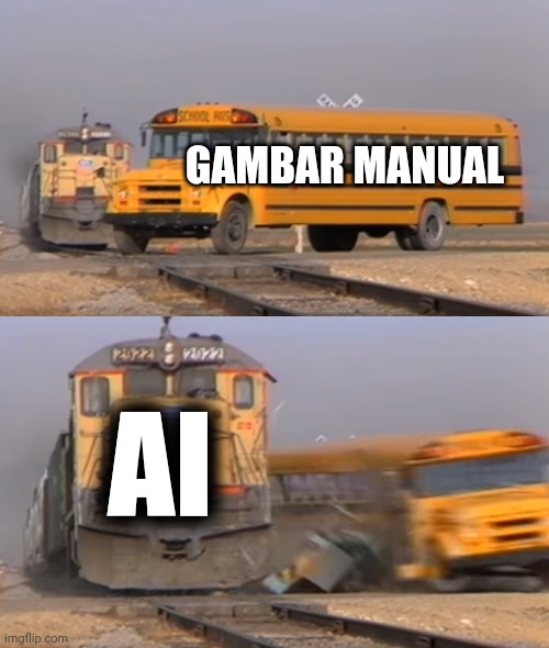 A train hitting a school bus | GAMBAR MANUAL; AI | image tagged in a train hitting a school bus | made w/ Imgflip meme maker