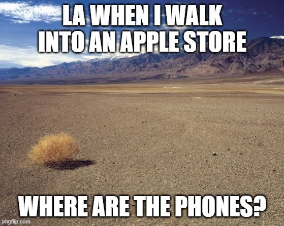 desert tumbleweed | LA WHEN I WALK INTO AN APPLE STORE; WHERE ARE THE PHONES? | image tagged in desert tumbleweed | made w/ Imgflip meme maker