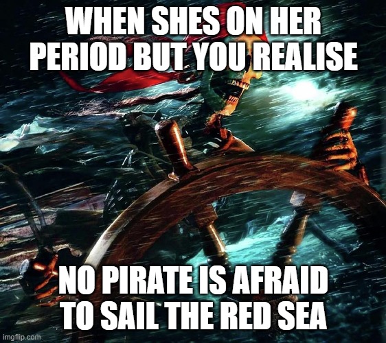 guys idk if this is on guidline so just tagging nsfw | WHEN SHES ON HER PERIOD BUT YOU REALISE; NO PIRATE IS AFRAID TO SAIL THE RED SEA | image tagged in pirate skeleton on the storm | made w/ Imgflip meme maker