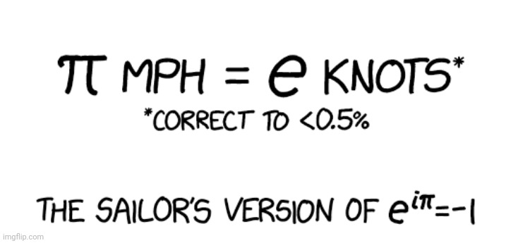 It works because a nautical mile is based on a degree of latitude, and the Earth (e) is a circle. | made w/ Imgflip meme maker