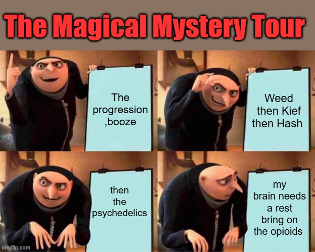 GO check out Portland and other DEM controled big cities. | The Magical Mystery Tour; The progression ,booze; Weed then Kief then Hash; then the psychedelics; my brain needs a rest bring on the opioids | image tagged in memes,gru's plan | made w/ Imgflip meme maker