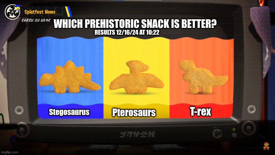 Splatoon 3 Splatfest | WHICH PREHISTORIC SNACK IS BETTER? RESULTS 12/16/24 AT 10:22; T-rex; Pterosaurs; Stegosaurus | image tagged in splatoon 3 splatfest | made w/ Imgflip meme maker