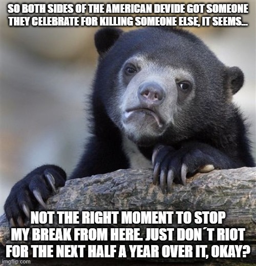 Confession Bear | SO BOTH SIDES OF THE AMERICAN DEVIDE GOT SOMEONE THEY CELEBRATE FOR KILLING SOMEONE ELSE, IT SEEMS... NOT THE RIGHT MOMENT TO STOP MY BREAK FROM HERE. JUST DON´T RIOT FOR THE NEXT HALF A YEAR OVER IT, OKAY? | image tagged in memes | made w/ Imgflip meme maker