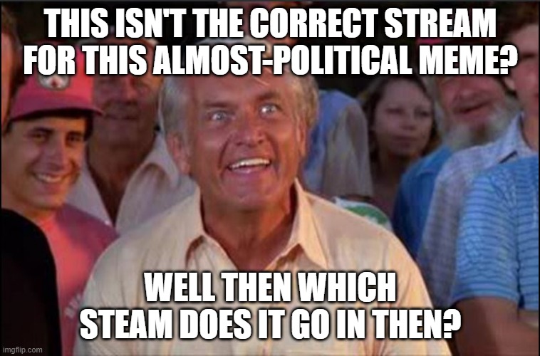 When your meme isn't featured for being in the wrong stream but ZERO streams fit the content and politics is closest | THIS ISN'T THE CORRECT STREAM FOR THIS ALMOST-POLITICAL MEME? WELL THEN WHICH STEAM DOES IT GO IN THEN? | image tagged in well we're waiting | made w/ Imgflip meme maker