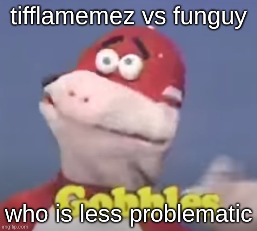 gobbles | tifflamemez vs funguy; who is less problematic | image tagged in gobbles | made w/ Imgflip meme maker