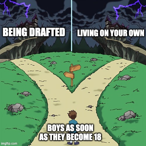 Two castles (both dark) | LIVING ON YOUR OWN; BEING DRAFTED; BOYS AS SOON AS THEY BECOME 18 | image tagged in two castles both dark | made w/ Imgflip meme maker