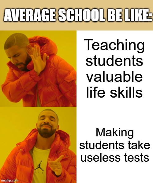 Drake Hotline Bling | AVERAGE SCHOOL BE LIKE:; Teaching students valuable life skills; Making students take useless tests | image tagged in memes,drake hotline bling | made w/ Imgflip meme maker