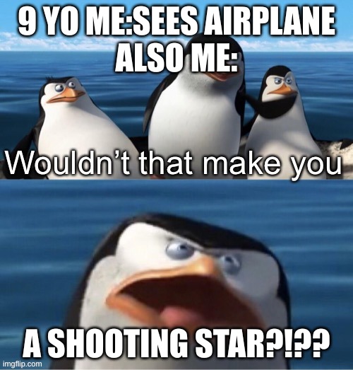 Wouldn’t that make you | 9 YO ME:SEES AIRPLANE
ALSO ME:; A SHOOTING STAR?!?? | image tagged in wouldn t that make you | made w/ Imgflip meme maker