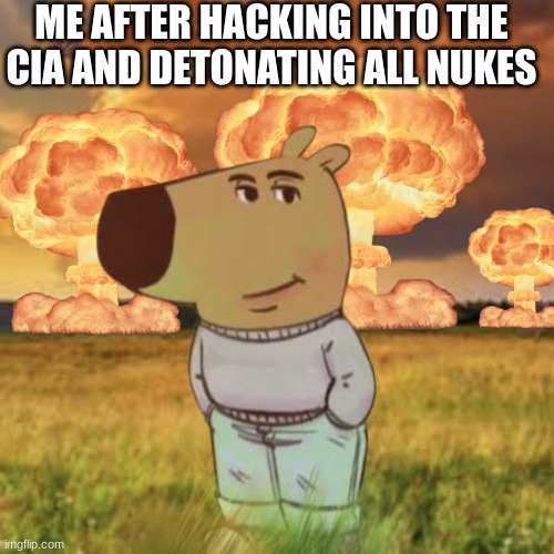 Me After Hacking Into The CIA And Detonating All Nukes | ME AFTER HACKING INTO THE CIA AND DETONATING ALL NUKES | image tagged in chill guy | made w/ Imgflip meme maker