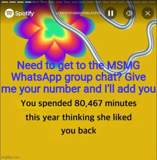 deadass | Need to get to the MSMG WhatsApp group chat? Give me your number and I'll add you | image tagged in you spended 80 467 minutes | made w/ Imgflip meme maker