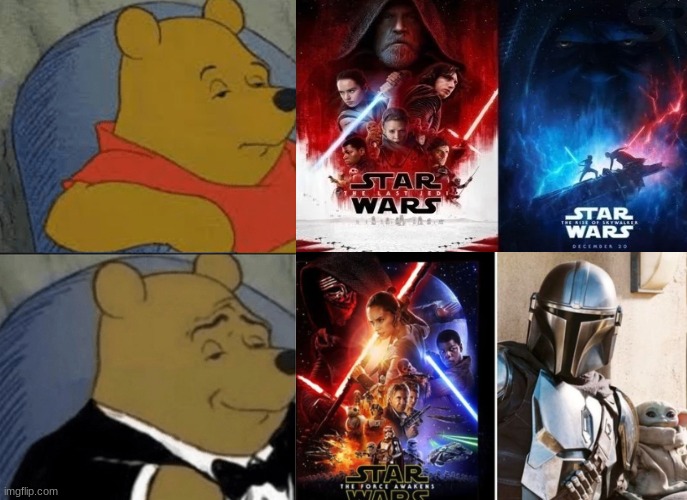 Star Wars Episode 7 vs 8 and 9 | image tagged in memes,tuxedo winnie the pooh | made w/ Imgflip meme maker