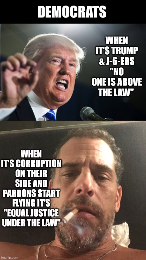 WHEN IT'S TRUMP & J-6-ERS "NO ONE IS ABOVE THE LAW"; DEMOCRATS; WHEN IT'S CORRUPTION ON THEIR SIDE AND PARDONS START FLYING IT'S "EQUAL JUSTICE UNDER THE LAW" | image tagged in donald trump,hunter biden | made w/ Imgflip meme maker