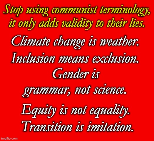 Fighting the "Revolution" doesn't end at the ballot box. Take back honest language. | Stop using communist terminology, it only adds validity to their lies. Climate change is weather. Inclusion means exclusion. Gender is grammar, not science. Equity is not equality. Transition is imitation. | image tagged in plain red | made w/ Imgflip meme maker