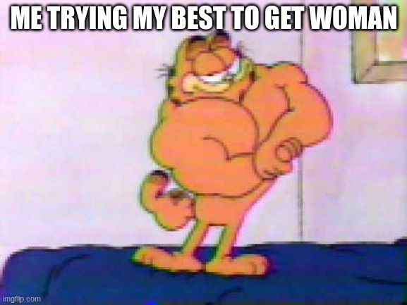 Muscular Garfield the Cat | ME TRYING MY BEST TO GET WOMAN | image tagged in muscular garfield the cat | made w/ Imgflip meme maker