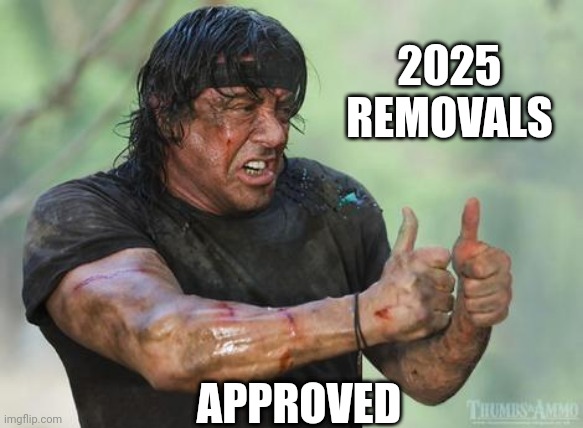 Rambo approved | 2025 REMOVALS APPROVED | image tagged in rambo approved | made w/ Imgflip meme maker