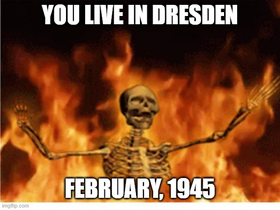 Fire Bombing | YOU LIVE IN DRESDEN; FEBRUARY, 1945 | image tagged in history memes | made w/ Imgflip meme maker