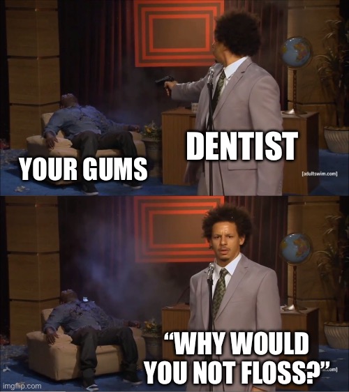 Who Killed Hannibal Meme | DENTIST; YOUR GUMS; “WHY WOULD YOU NOT FLOSS?” | image tagged in memes,who killed hannibal | made w/ Imgflip meme maker