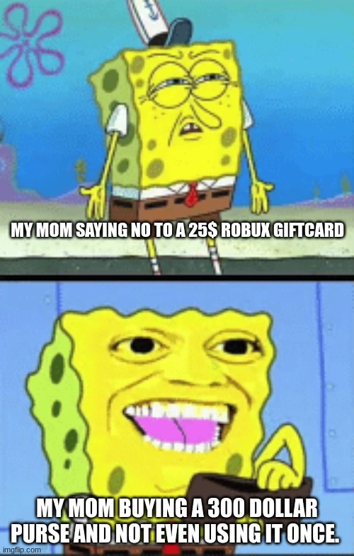 broke my ass | MY MOM SAYING NO TO A 25$ ROBUX GIFTCARD; MY MOM BUYING A 300 DOLLAR PURSE AND NOT EVEN USING IT ONCE. | image tagged in spongebob money | made w/ Imgflip meme maker