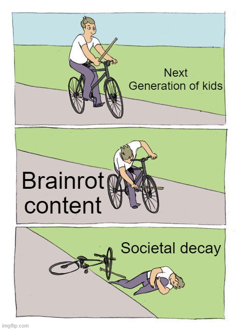 Can Brainrot content kill a society? | Next Generation of kids; Brainrot content; Societal decay | image tagged in memes,bike fall | made w/ Imgflip meme maker