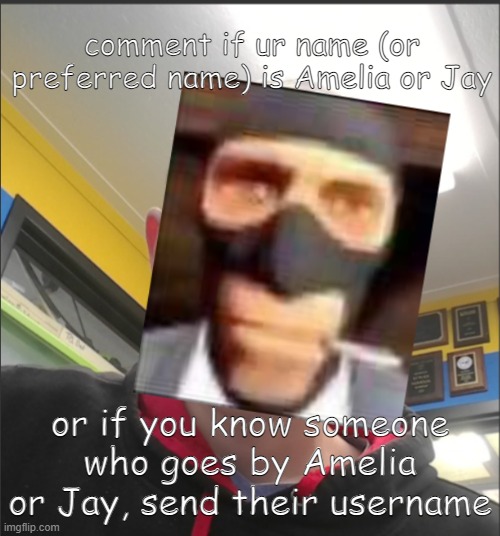 I want to be called amelia but Society says no. | comment if ur name (or preferred name) is Amelia or Jay; or if you know someone who goes by Amelia or Jay, send their username | image tagged in that bax is a spy | made w/ Imgflip meme maker