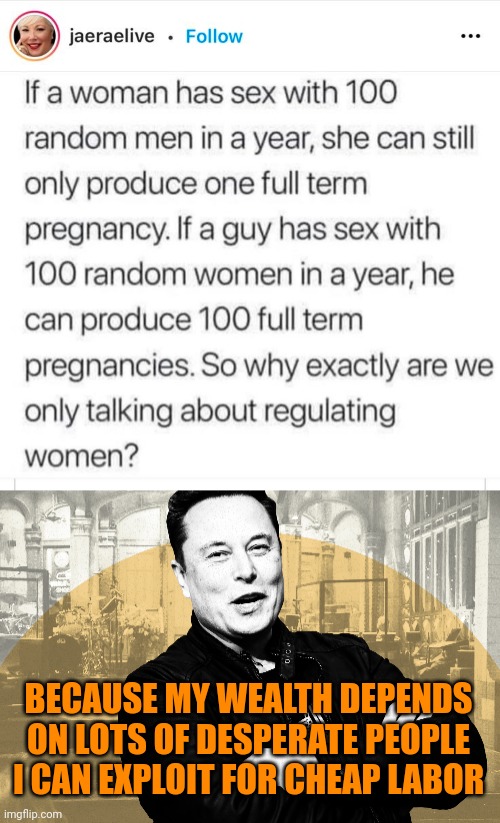 The truth about finance capitalism and falling birth rates | BECAUSE MY WEALTH DEPENDS ON LOTS OF DESPERATE PEOPLE I CAN EXPLOIT FOR CHEAP LABOR | image tagged in elon musk smug,abortion,child labor,usury,richfilth,misogyny | made w/ Imgflip meme maker