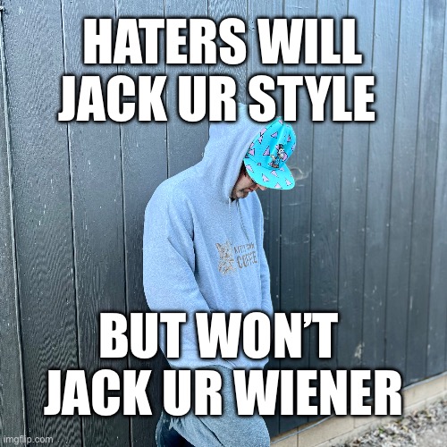 Haters Will jack your Style | HATERS WILL
JACK UR STYLE; BUT WON’T 
JACK UR WIENER | image tagged in haters,style | made w/ Imgflip meme maker