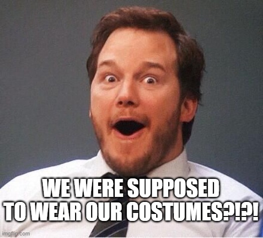 excited | WE WERE SUPPOSED TO WEAR OUR COSTUMES?!?! | image tagged in excited | made w/ Imgflip meme maker