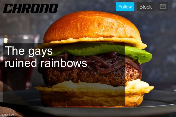 Chrono burga | The gays ruined rainbows | image tagged in chrono burga | made w/ Imgflip meme maker