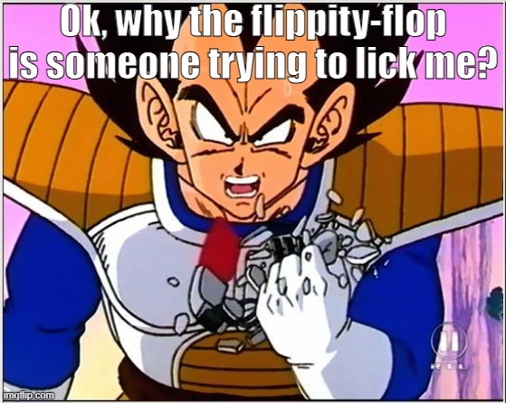 Vegeta over 9000 | Ok, why the flippity-flop is someone trying to lick me? | image tagged in vegeta over 9000 | made w/ Imgflip meme maker