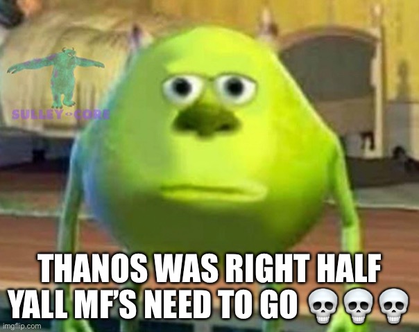 Im disappointed lol | THANOS WAS RIGHT HALF YALL MF’S NEED TO GO 💀💀💀 | image tagged in monsters inc | made w/ Imgflip meme maker