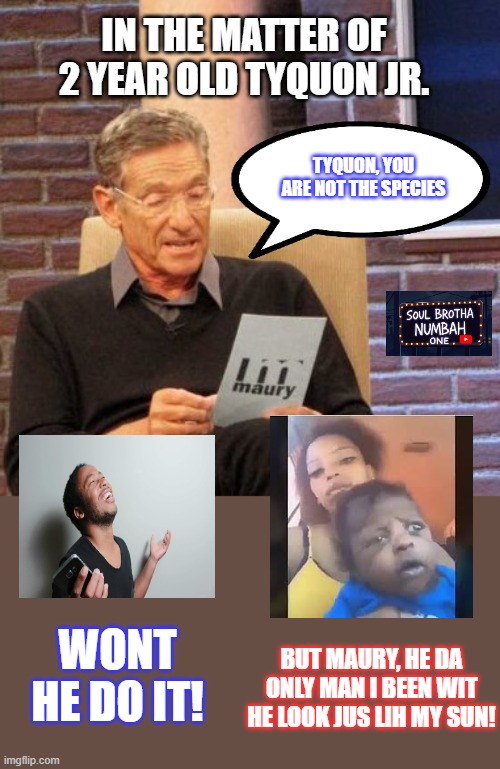 Maury Lie Detector Meme | IN THE MATTER OF 2 YEAR OLD TYQUON JR. TYQUON, YOU ARE NOT THE SPECIES; WONT HE DO IT! BUT MAURY, HE DA ONLY MAN I BEEN WIT
HE LOOK JUS LIH MY SUN! | image tagged in memes,maury lie detector | made w/ Imgflip meme maker