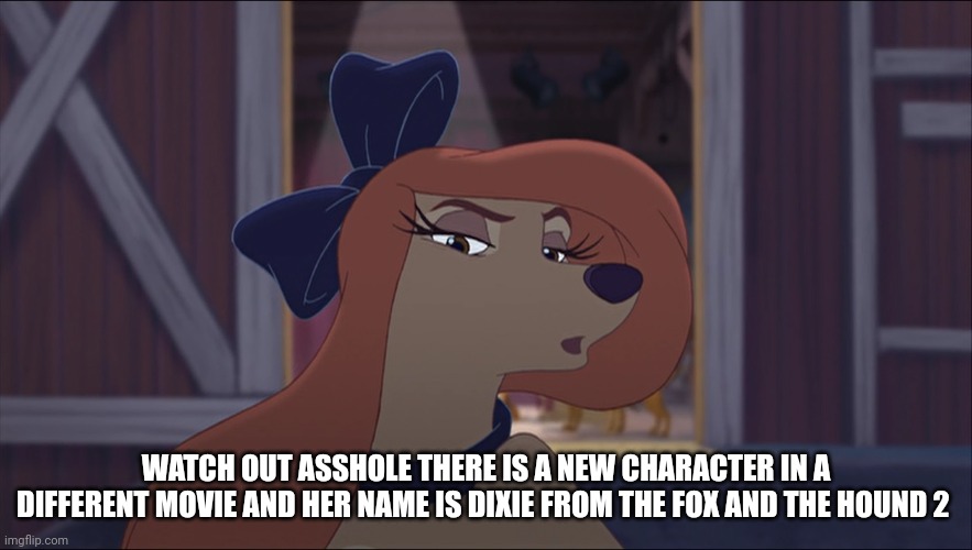 There Is A New Character In A Different Movi | WATCH OUT ASSHOLE THERE IS A NEW CHARACTER IN A DIFFERENT MOVIE AND HER NAME IS DIXIE FROM THE FOX AND THE HOUND 2 | image tagged in dixie tough,new actress,actors,the fox and the hound 2,hollywood | made w/ Imgflip meme maker