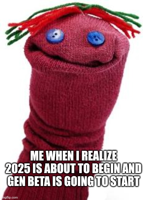 Woah | ME WHEN I REALIZE 2025 IS ABOUT TO BEGIN AND GEN BETA IS GOING TO START | image tagged in sock puppet | made w/ Imgflip meme maker