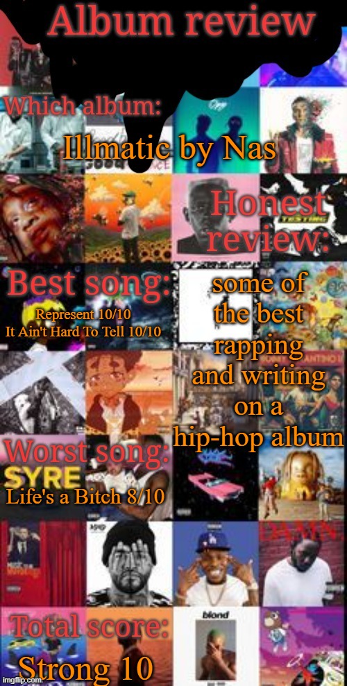 Album review | Illmatic by Nas; some of the best rapping and writing on a hip-hop album; Represent 10/10
It Ain't Hard To Tell 10/10; Life's a Bitch 8/10; Strong 10 | image tagged in album review | made w/ Imgflip meme maker