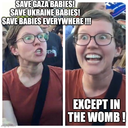 Hypocrite liberal | SAVE GAZA BABIES!  
SAVE UKRAINE BABIES!  
SAVE BABIES EVERYWHERE !!! EXCEPT IN THE WOMB ! | image tagged in hypocrite liberal | made w/ Imgflip meme maker