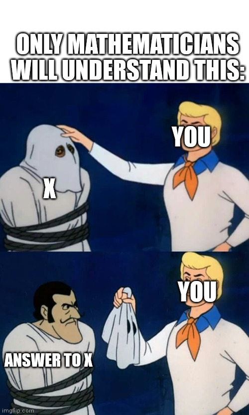 Math Tests Be Like: | ONLY MATHEMATICIANS WILL UNDERSTAND THIS:; YOU; X; YOU; ANSWER TO X | image tagged in scooby doo mask reveal | made w/ Imgflip meme maker